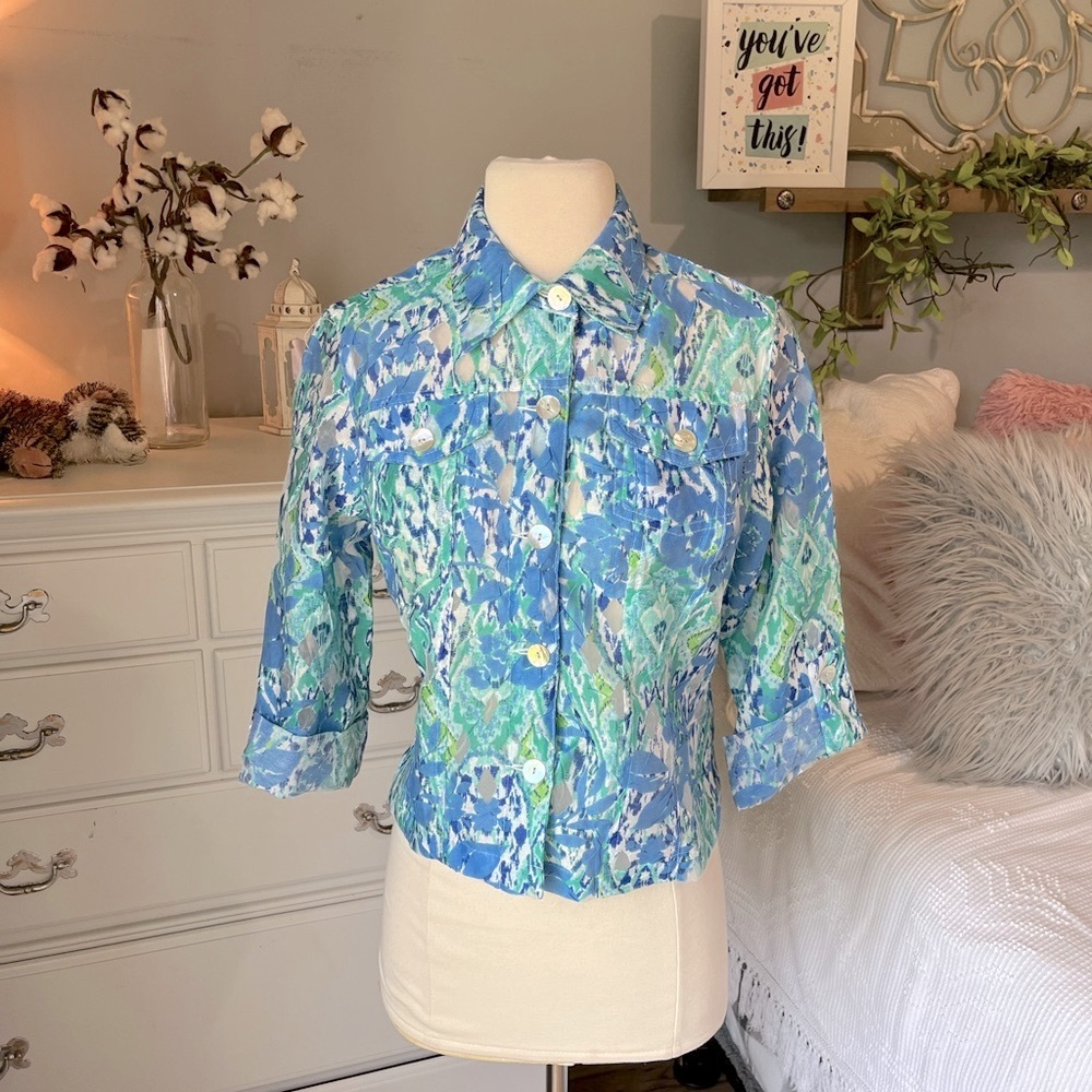 Ruby Rd Blue Floral Button Down Front Blouse Wome… - image 4